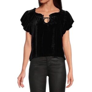 Free‎ People Women’s Black Terese Velvet Ruffle Sleeve Tie Neck Blouse Medium